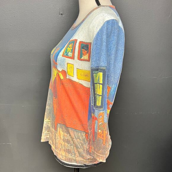 vintage women's Medium Van Gogh print painting T-shirt 3/4 sleeve scoop neck - Picture 2 of 5